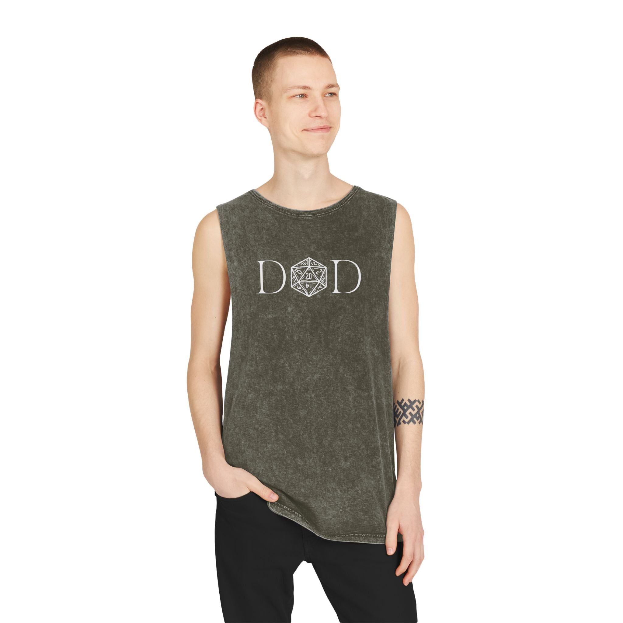 D&D Minimalist Die Tank Top — Stonewash Gamer Muscle Tee
